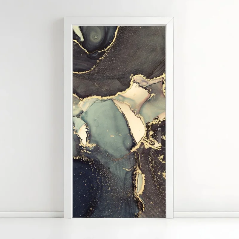 Naklejka na drzwi turkusowo-złota abstrakcja w technice alcohol ink