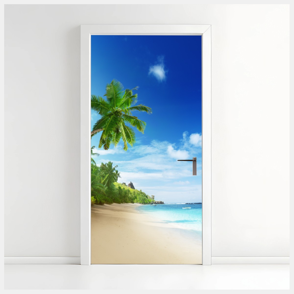 Naklejka na drzwi zachód słońca na plaży Mahe, Seszele – Wallissimo®