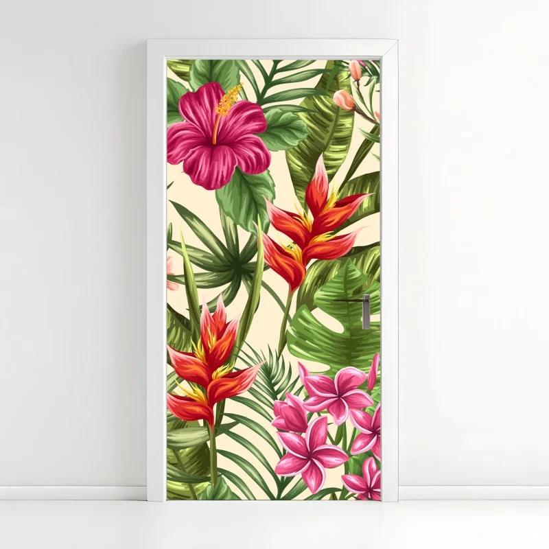 Naklejka na drzwi tropikalny wzór kwiatowy z hibiskusem i plumerią