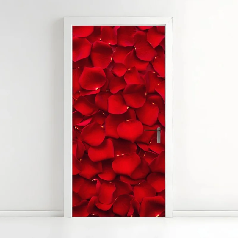 Naklejka na drzwi czerwone płatki róż tło
