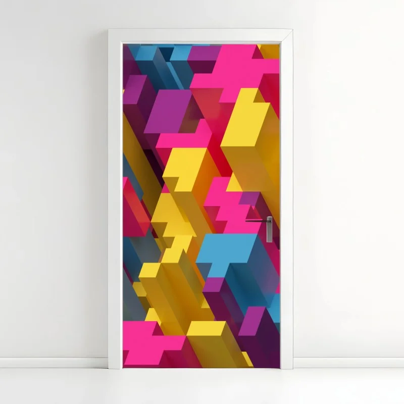 Naklejka na drzwi kolorowy wzór voxel 3d