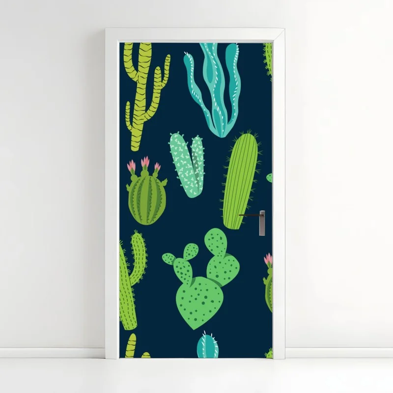 Naklejka na drzwi wzór z kaktusami i sukulentami