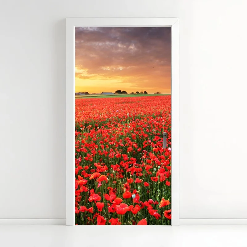 Naklejka na drzwi pole maków o zachodzie słońca