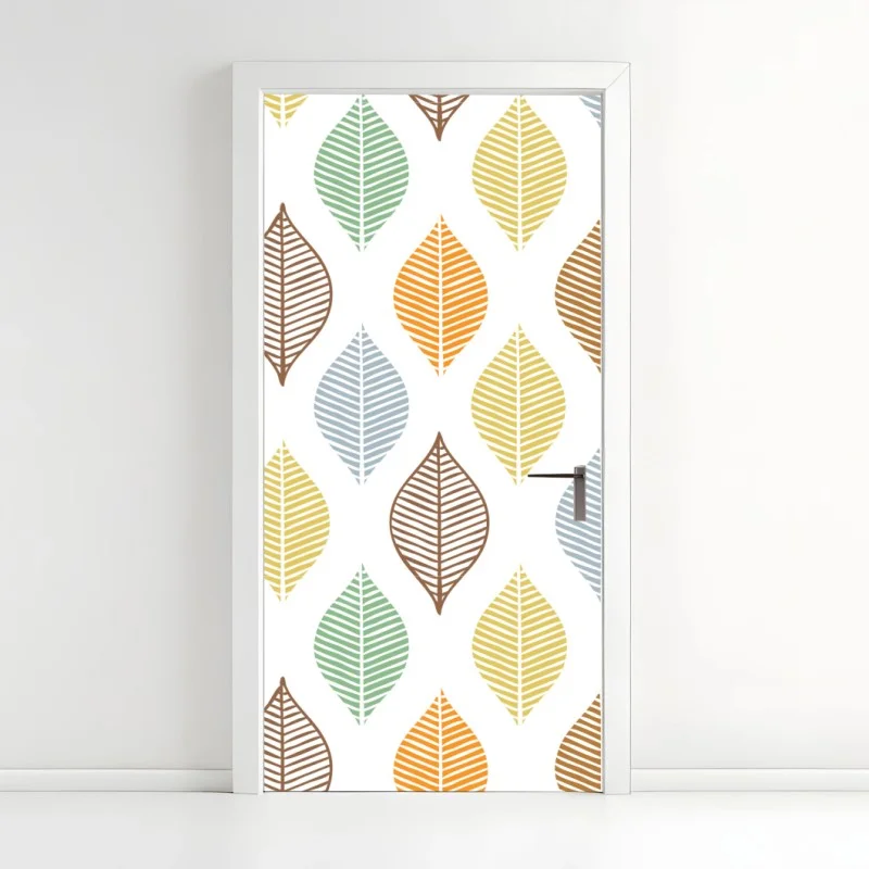 Naklejka na drzwi pastelowy wzór liści na ścianę