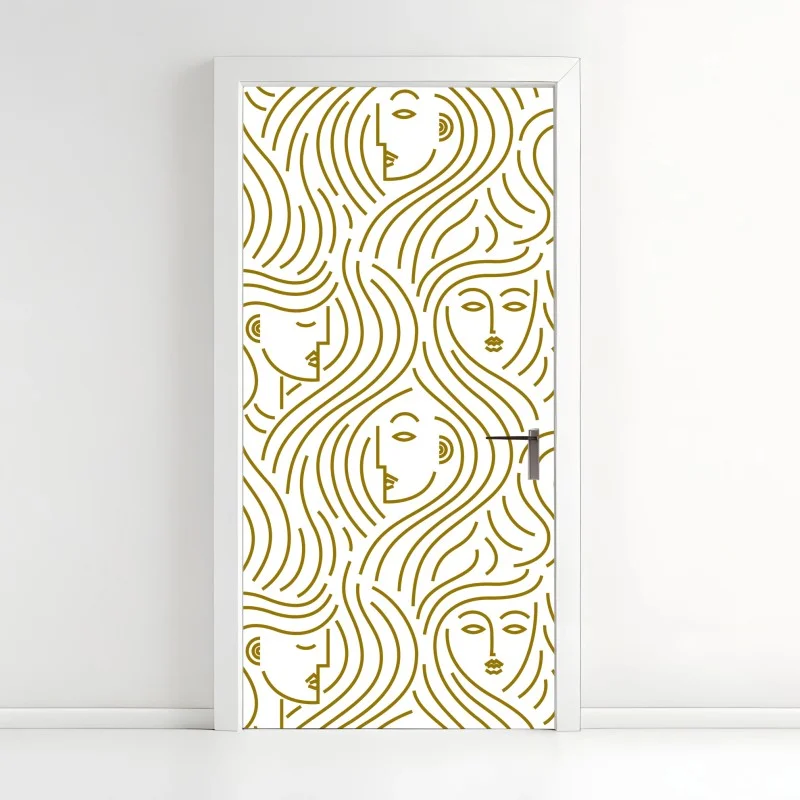 Naklejka na drzwi złote fale i abstrakcyjne twarze bezszwowy wzór
