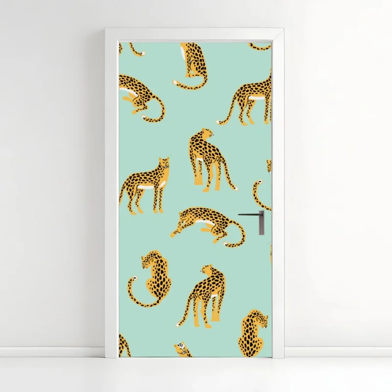 Naklejka na drzwi zabawny wzór gepardów na turkusowym tle