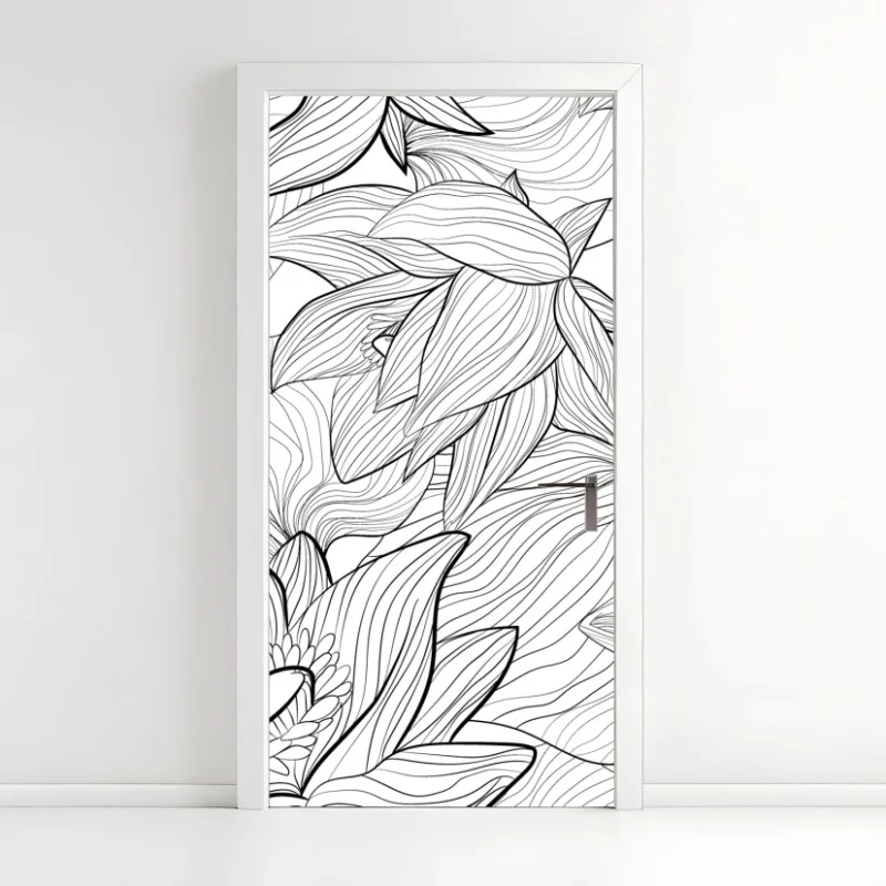 Naklejka na drzwi delikatny rysunek lotosu w czerni i bieli