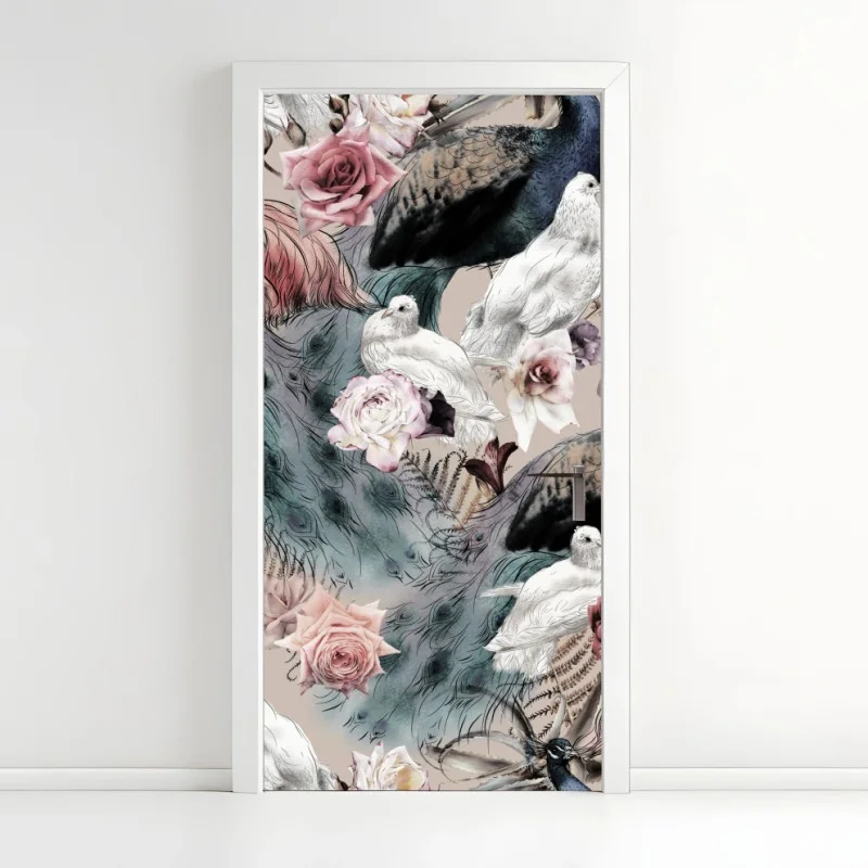 Naklejka na drzwi akwarelowy wzór z ptakami i różami