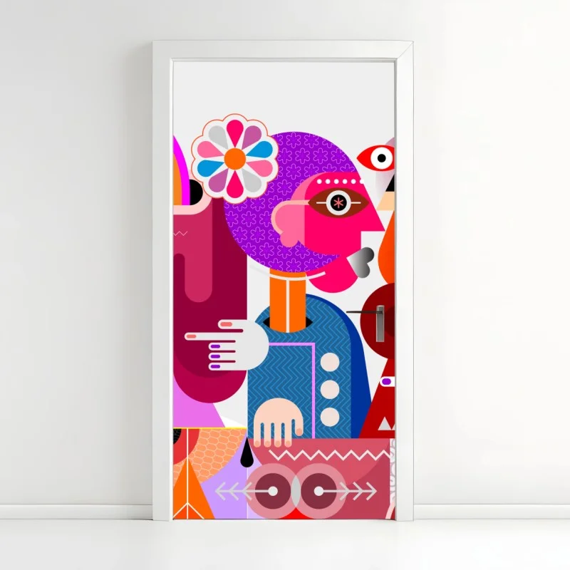 Naklejka na drzwi mężczyzna z tęczą jadący na geometrycznym ptaku