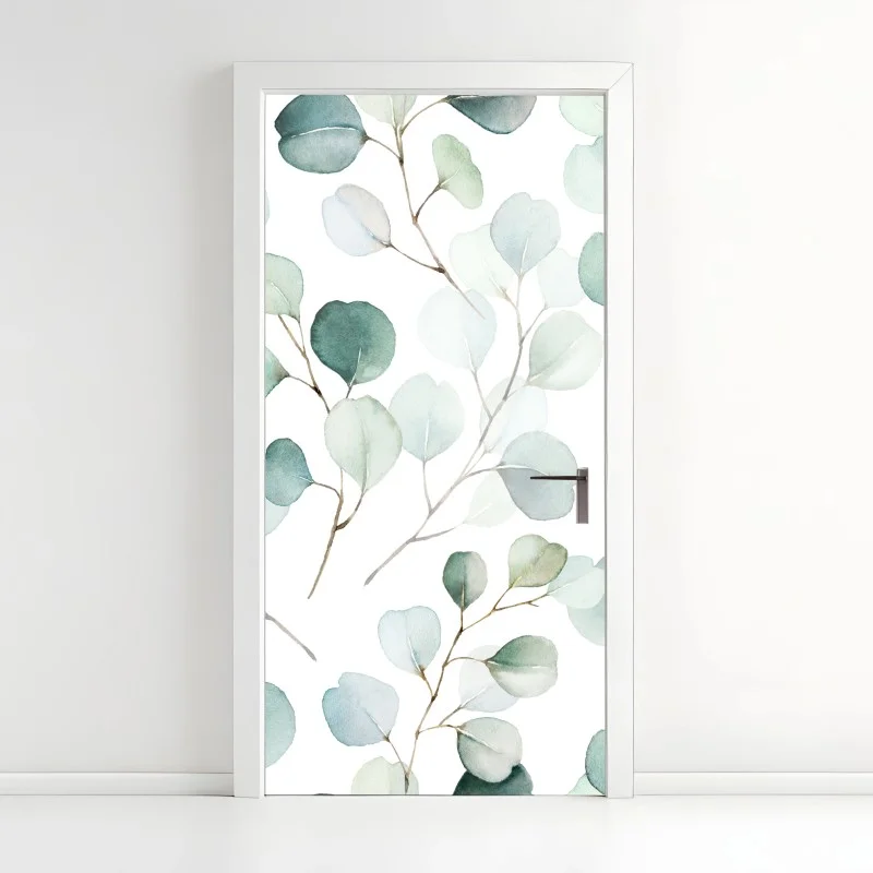 Naklejka na drzwi delikatny wzór liści eukaliptusa w akwareli