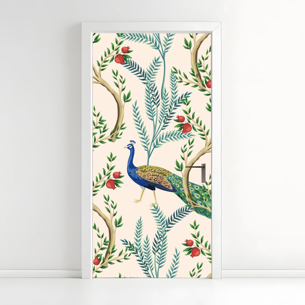 Naklejka na drzwi paw wśród gałęzi granatu – Wallissimo®