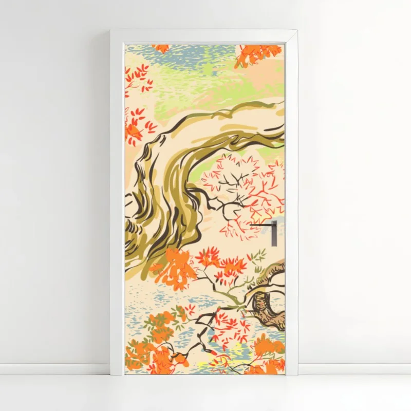 Naklejka na drzwi orientalny wzór z drzewami i liśćmi