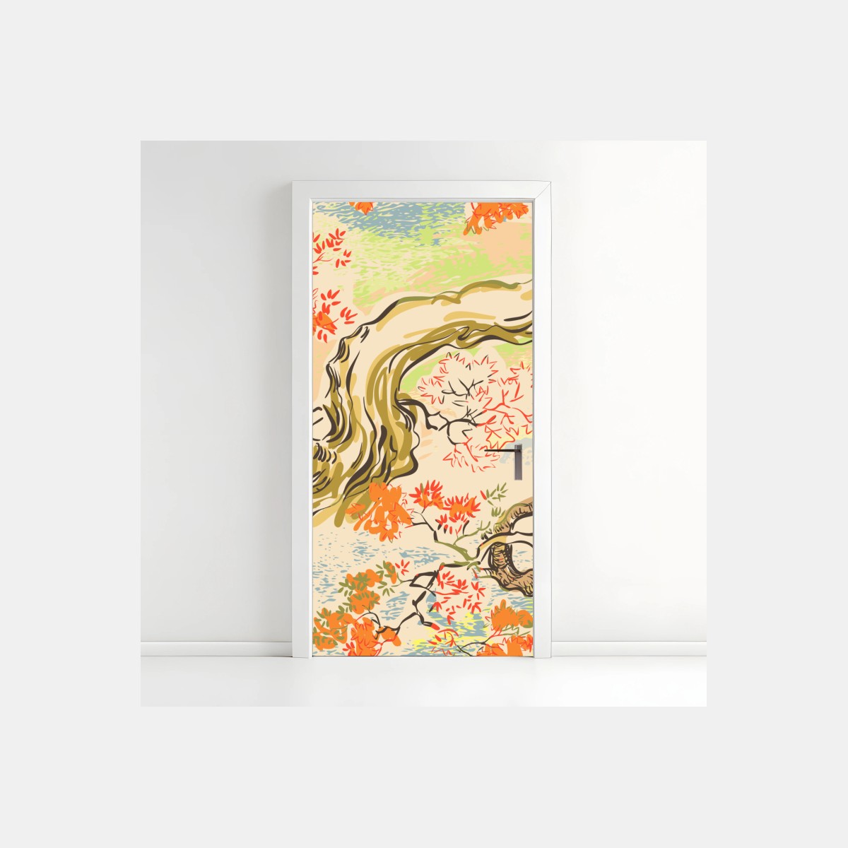 Naklejka na drzwi orientalny wzór z drzewami i liśćmi – Wallissimo®