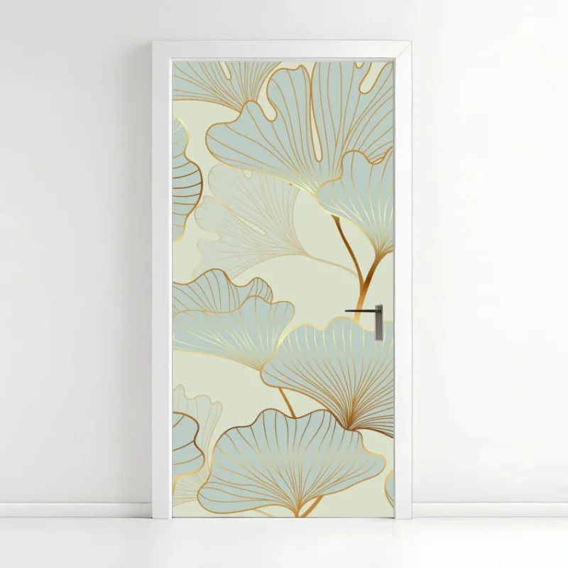 Naklejka na drzwi pastelowy wzór liści miłorzębu ze złotymi akcentami