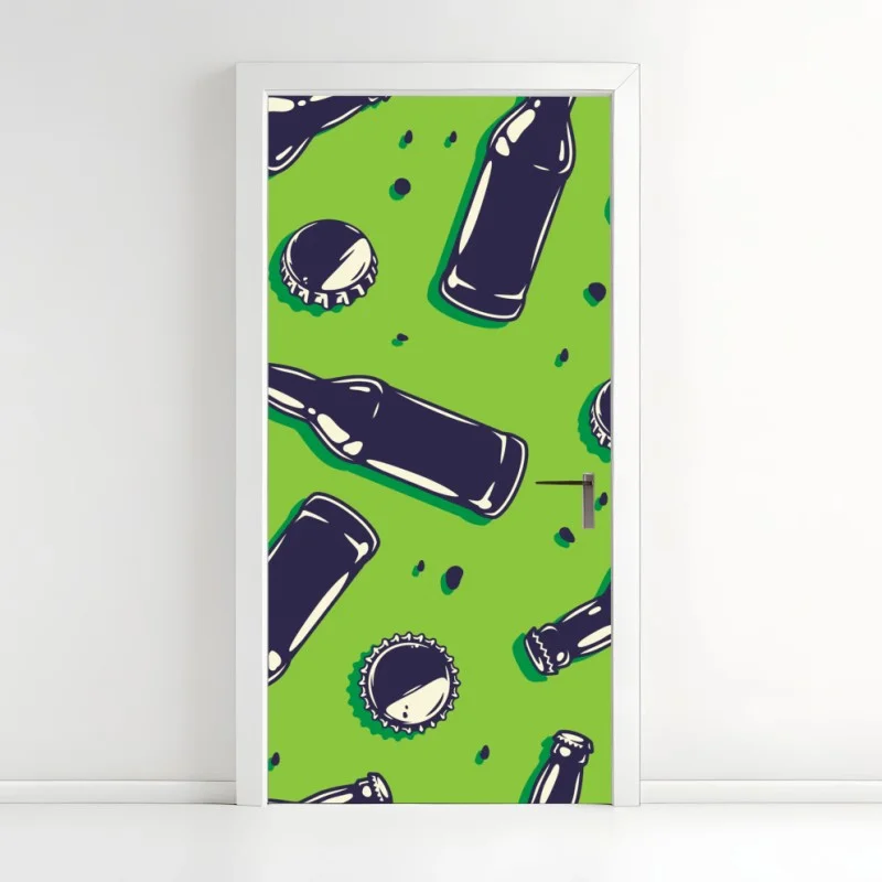 Naklejka na drzwi wzór butelek piwa w stylu pop art na zielonym tle