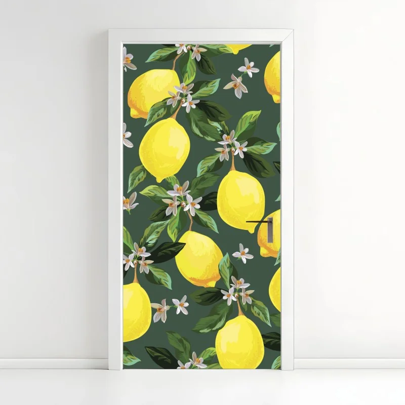 Naklejka na drzwi botaniczny wzór z cytrynami