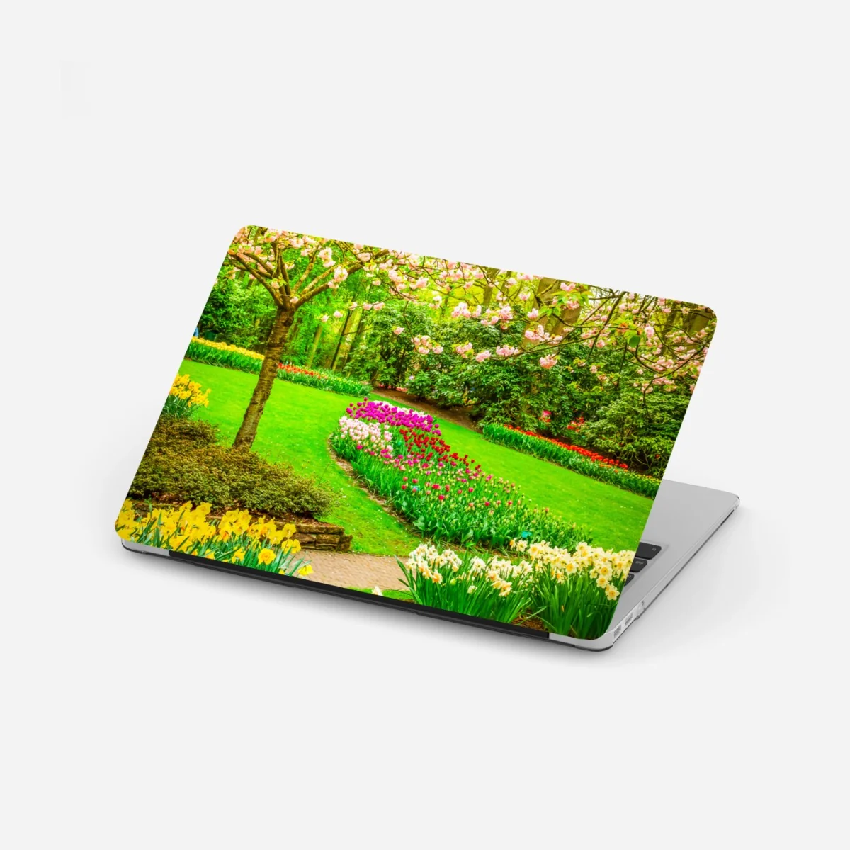 Naklejka na laptopa wiosenny ogród w rozkwicie: tulipany i kwiat wiśni – Wallissimo® Naklejka na laptopa wiosenny ogród w rozkwicie: tulipany i kwiat wiśni – Wallissimo®