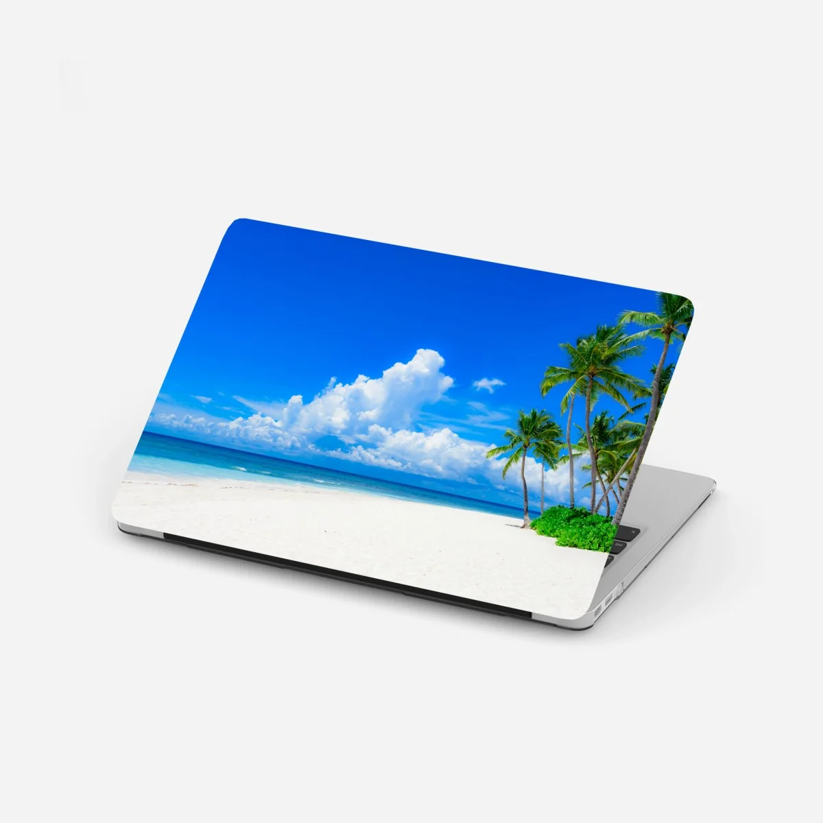 Naklejka na laptopa tropikalna plaża z palmami pod błękitnym niebem – Wallissimo® Naklejka na laptopa tropikalna plaża z palmami pod błękitnym niebem – Wallissimo®