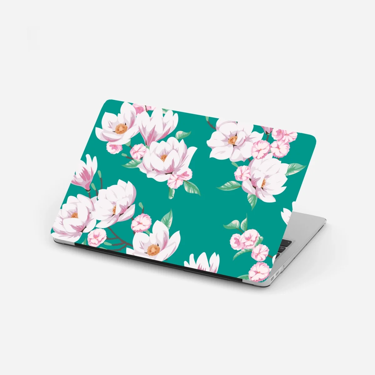 Naklejka na laptopa pastelowy wzór magnolii na turkusowym tle – Wallissimo® Naklejka na laptopa pastelowy wzór magnolii na turkusowym tle – Wallissimo®