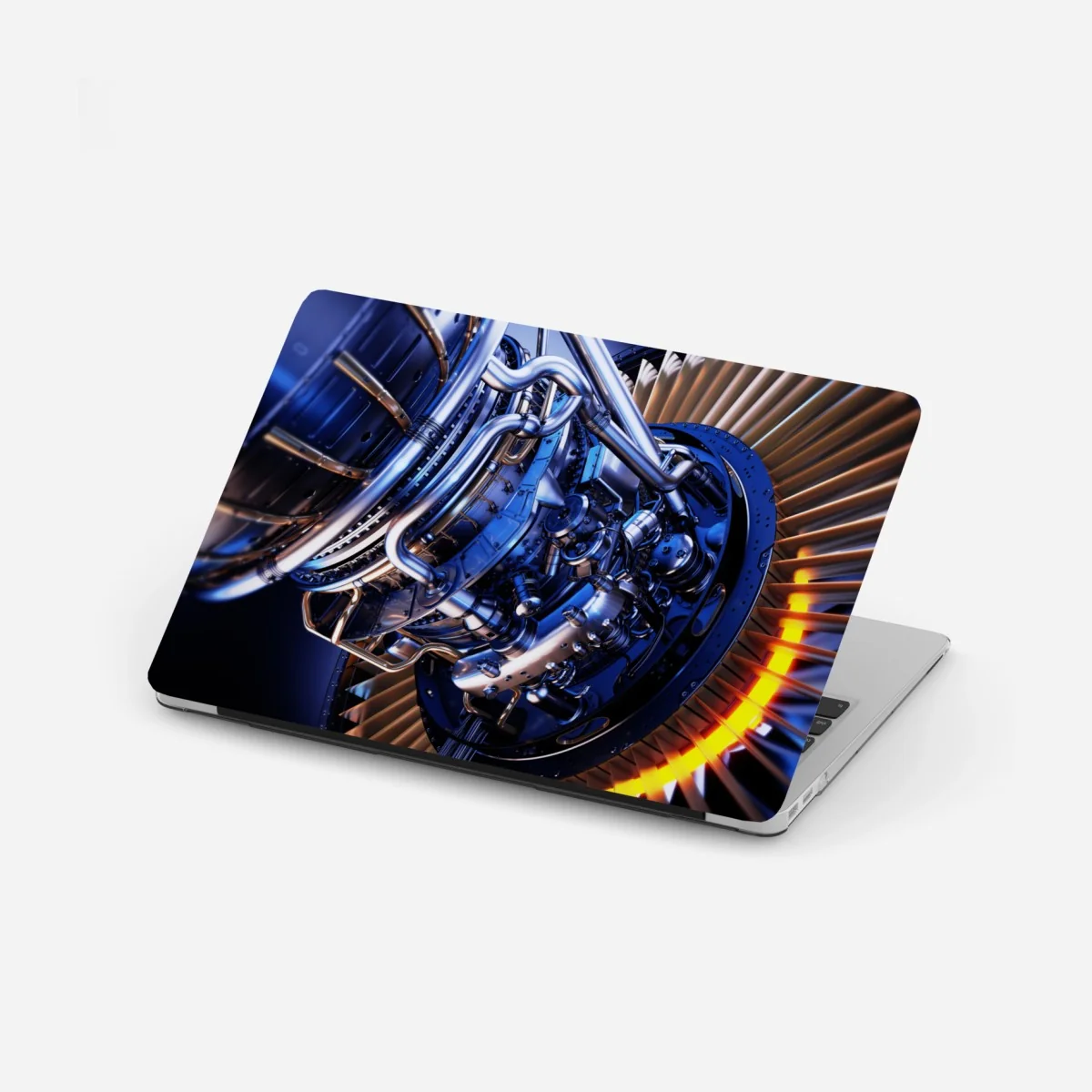Naklejka na laptopa zbliżenie turbiny silnika odrzutowego w niebieskich i pomarańczowych tonach – Wallissimo®