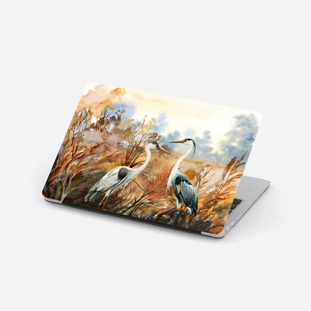 Naklejka na laptopa dwie czaple na jesiennym mokradle – Wallissimo® Naklejka na laptopa dwie czaple na jesiennym mokradle – Wallissimo®