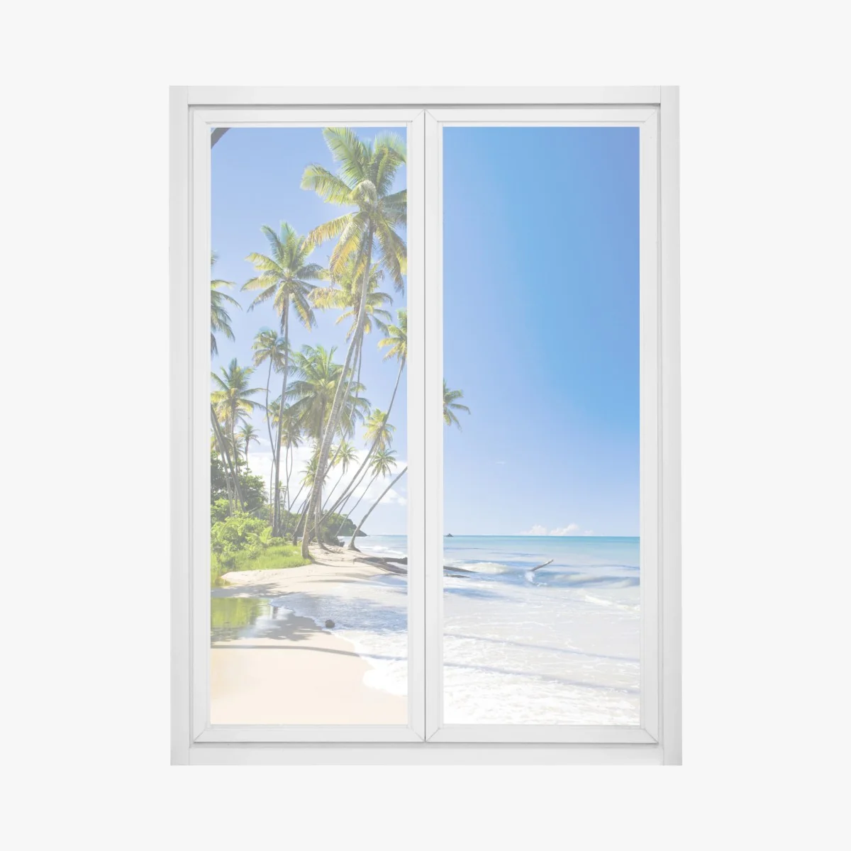 Naklejka na okno tropikalna plaża z palmami pod błękitnym niebem – Wallissimo® Naklejka na okno tropikalna plaża z palmami pod błękitnym niebem – Wallissimo®