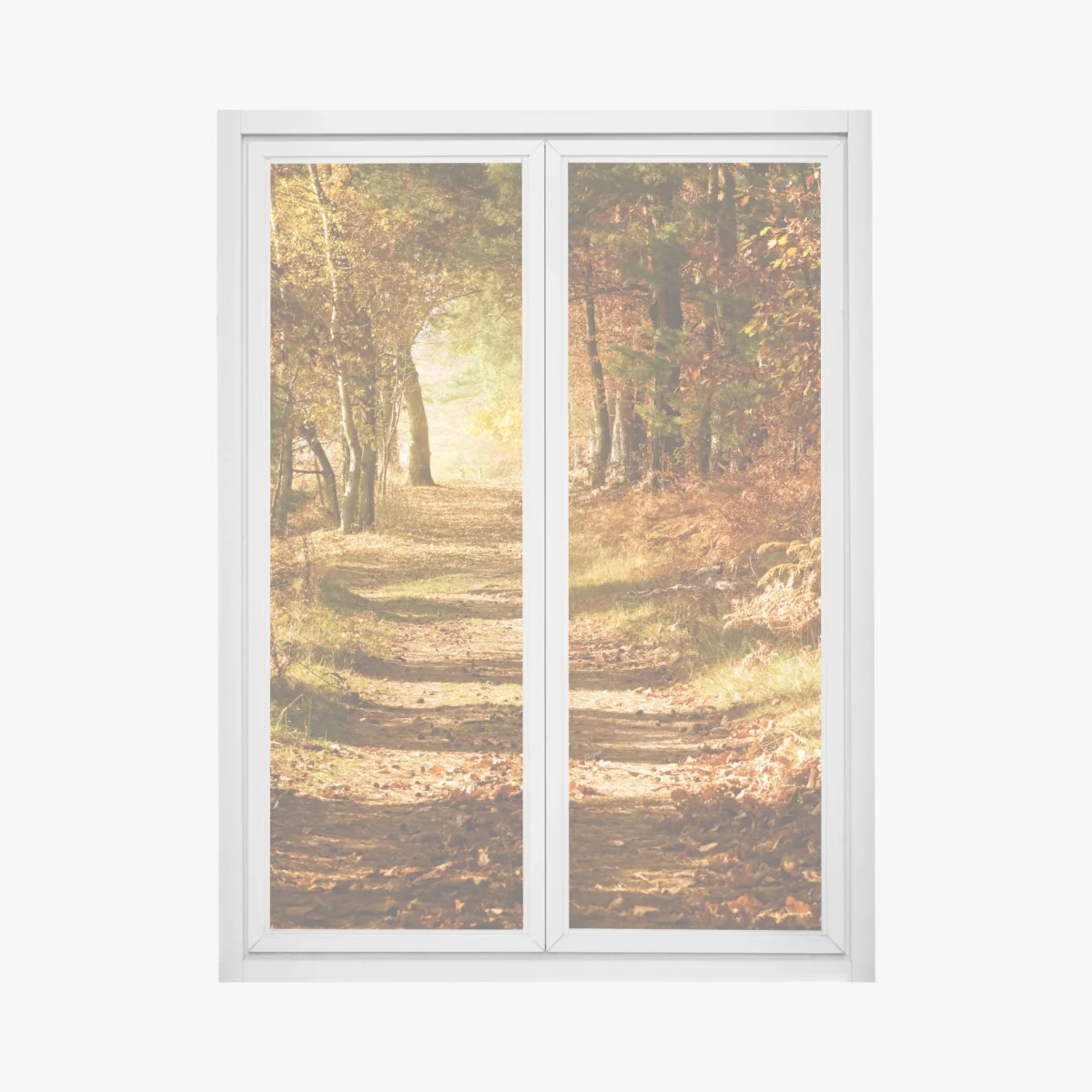 Naklejka na okno jesienna leśna ścieżka ze złotym światłem – Wallissimo® Naklejka na okno jesienna leśna ścieżka ze złotym światłem – Wallissimo®