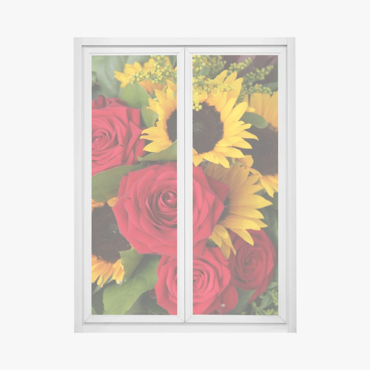 Naklejka na okno czerwone róże i słoneczniki w bukiecie – Wallissimo® Naklejka na okno czerwone róże i słoneczniki w bukiecie – Wallissimo®