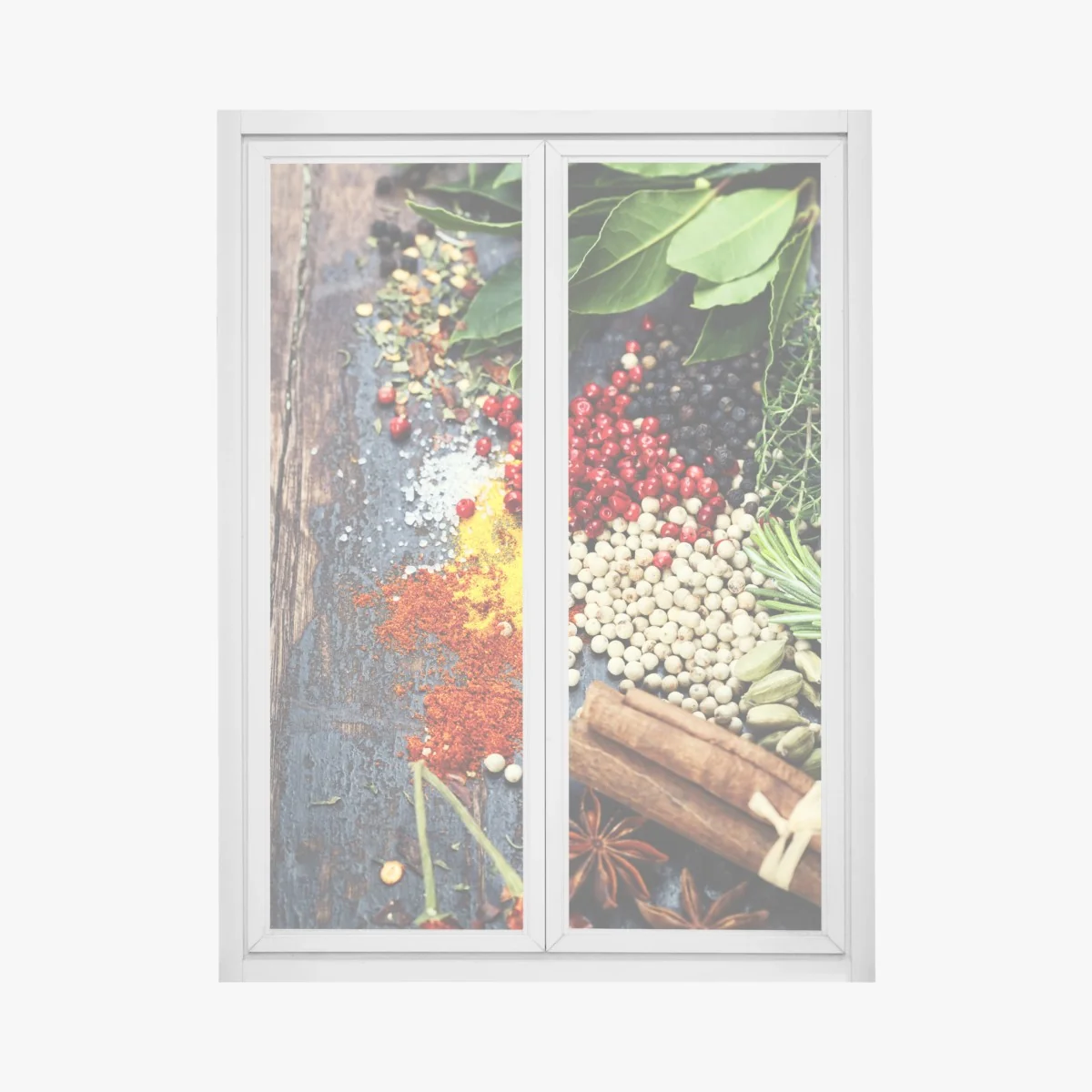 Naklejka na okno intensywny zestaw przypraw na rustykalnym drewnie – Wallissimo® Naklejka na okno intensywny zestaw przypraw na rustykalnym drewnie – Wallissimo®