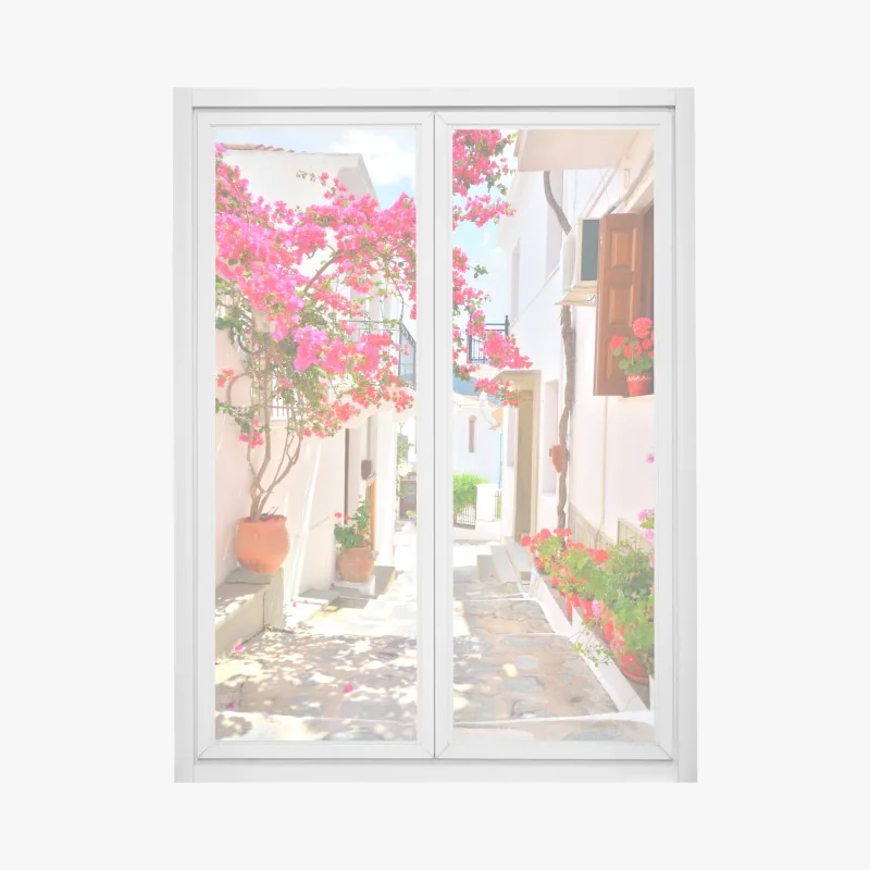 Naklejka na okno słoneczna śródziemnomorska uliczka z zielonymi okiennicami – Wallissimo®