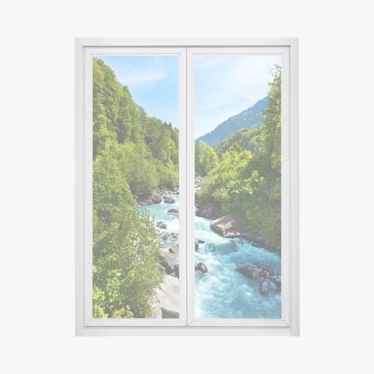 Naklejka na okno górska rzeka w bujnej zieleni – Wallissimo®