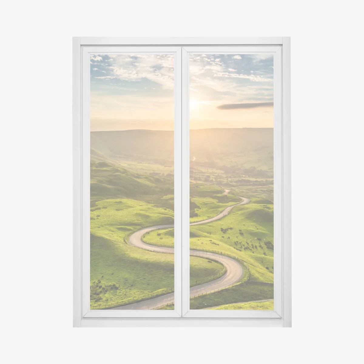 Naklejka na okno złoty zachód słońca nad krętą wiejską drogą – Wallissimo® Naklejka na okno złoty zachód słońca nad krętą wiejską drogą – Wallissimo®