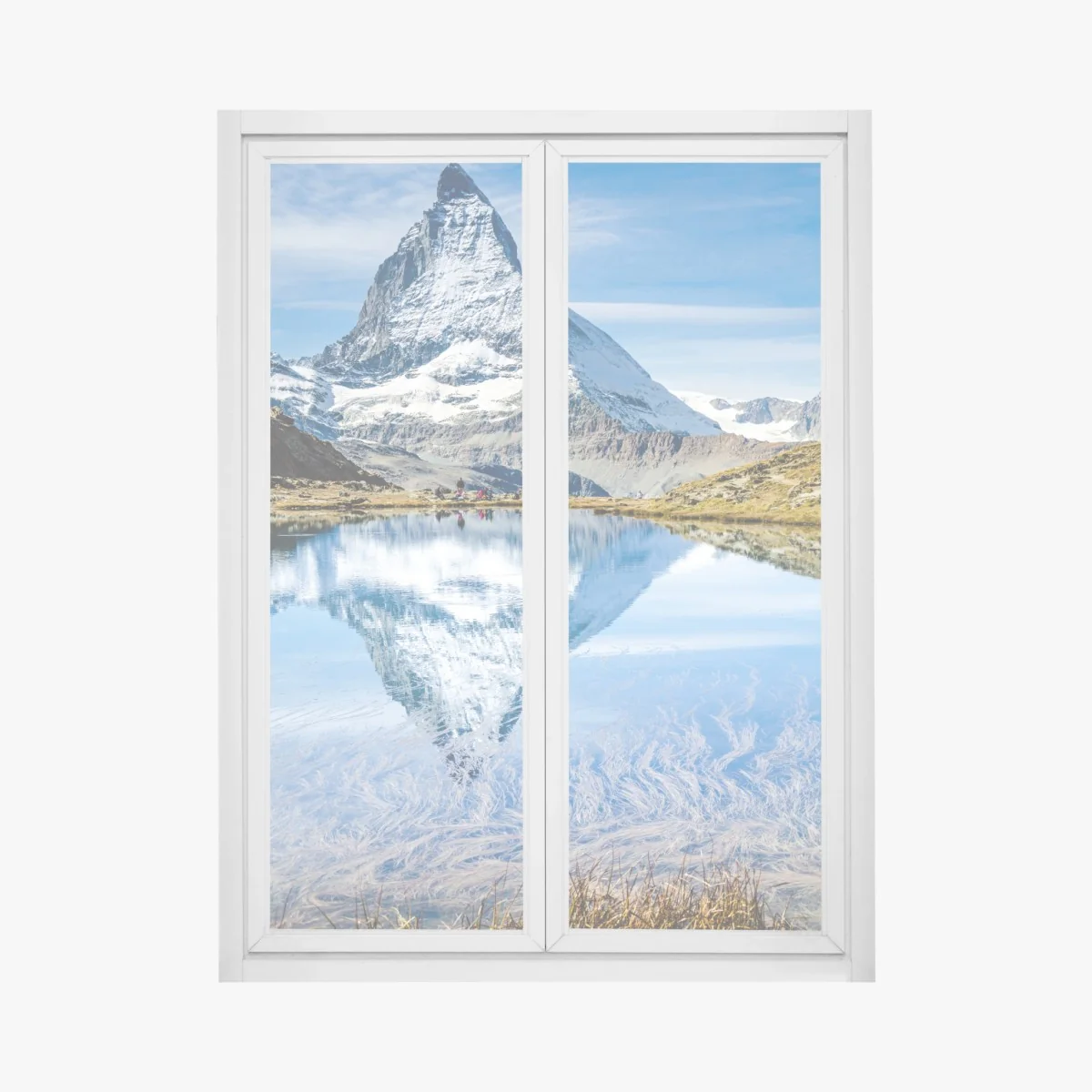 Naklejka na okno majestatyczny Matterhorn odbity w alpejskim jeziorze – Wallissimo® Naklejka na okno majestatyczny Matterhorn odbity w alpejskim jeziorze – Wallissimo®