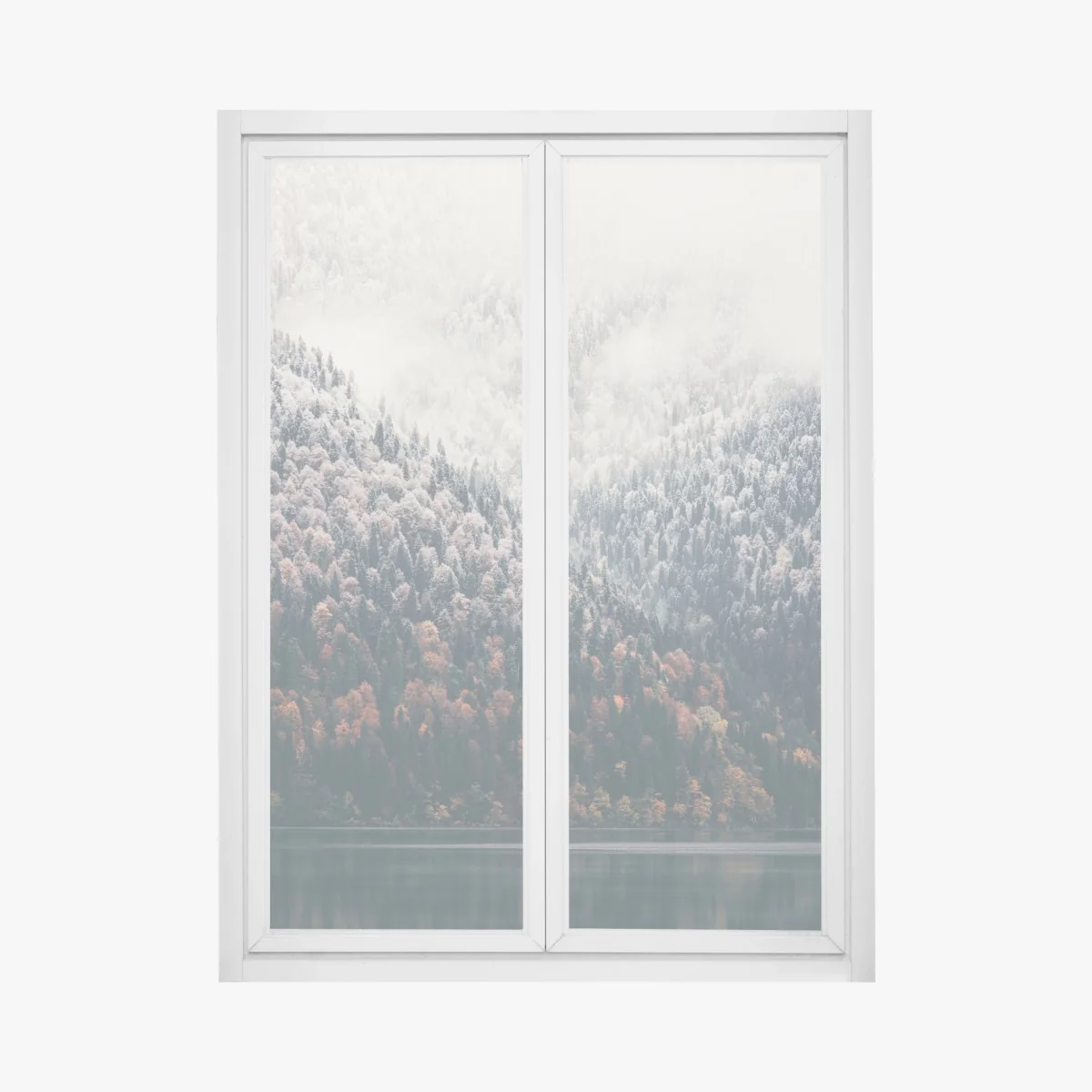 Naklejka na okno jesienna mgła nad górskim lasem – Wallissimo® Naklejka na okno jesienna mgła nad górskim lasem – Wallissimo®