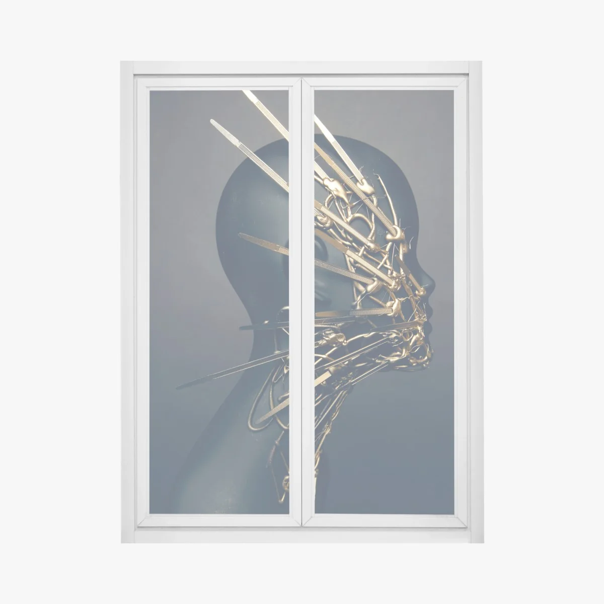 Naklejka na okno złota rzeźba portretowa na czarnym manekinie – Wallissimo® Naklejka na okno złota rzeźba portretowa na czarnym manekinie – Wallissimo®