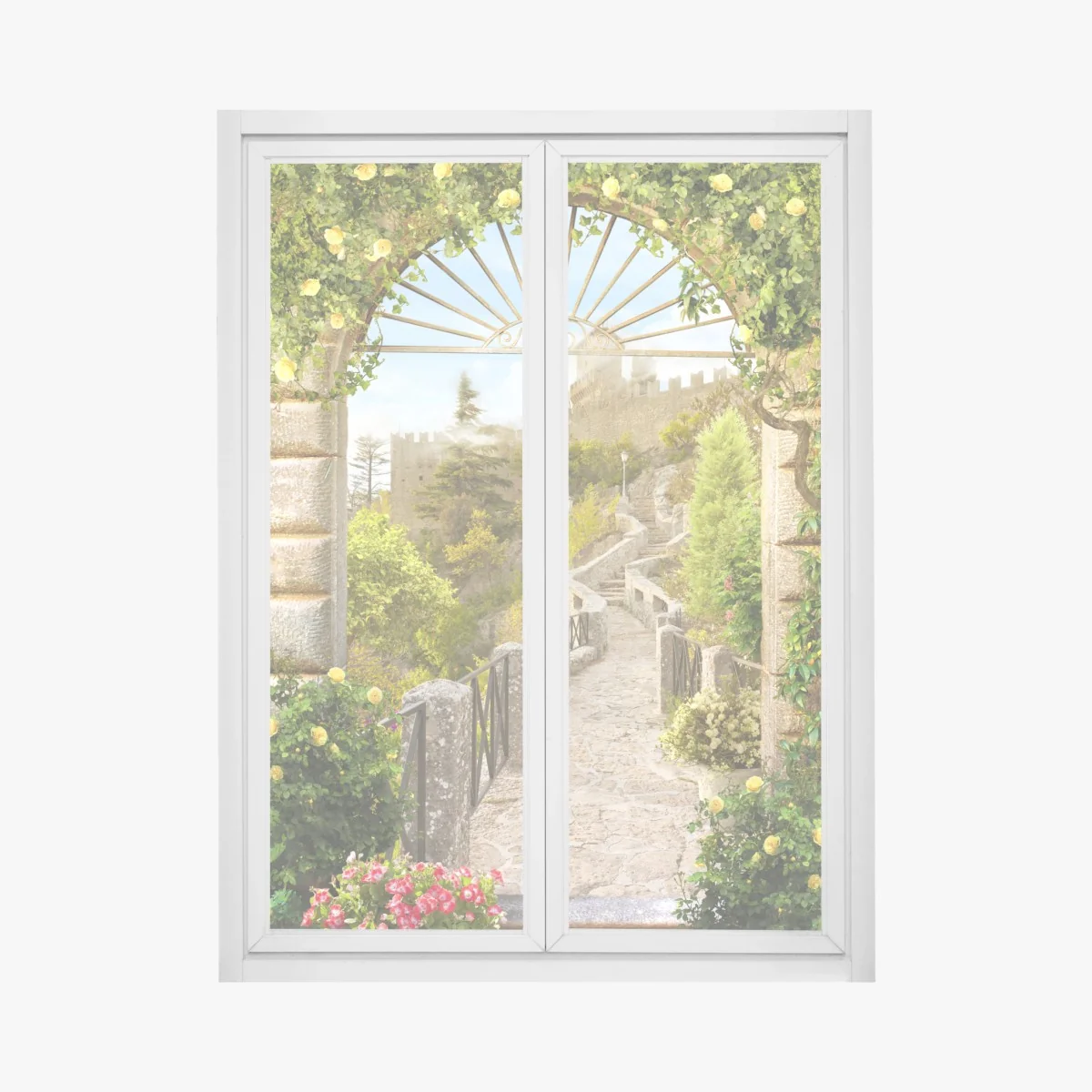 Naklejka na okno słoneczna ścieżka ogrodowa prowadząca do zamku – Wallissimo® Naklejka na okno słoneczna ścieżka ogrodowa prowadząca do zamku – Wallissimo®