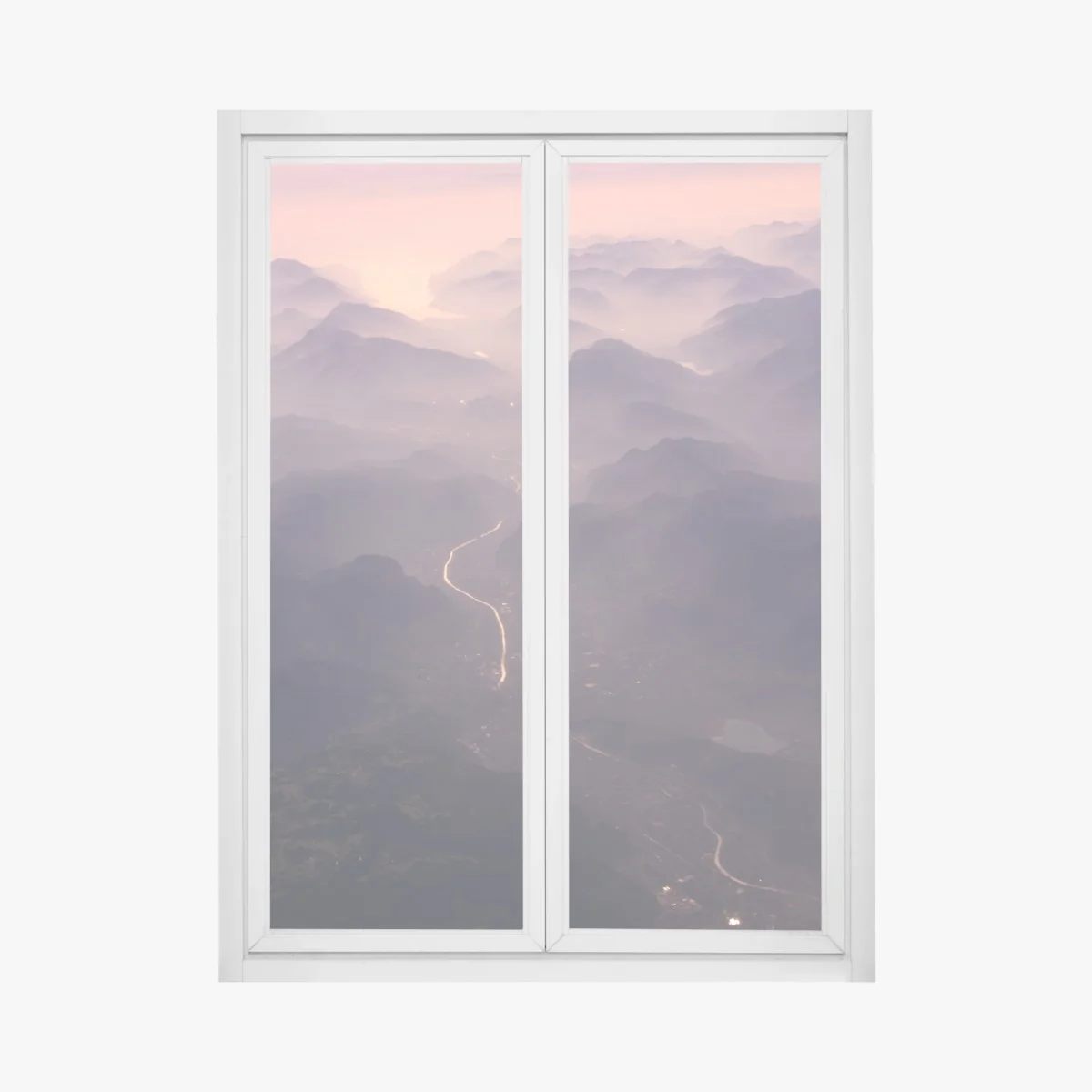 Naklejka na okno mglista pastelowa dolina górska – Wallissimo® Naklejka na okno mglista pastelowa dolina górska – Wallissimo®