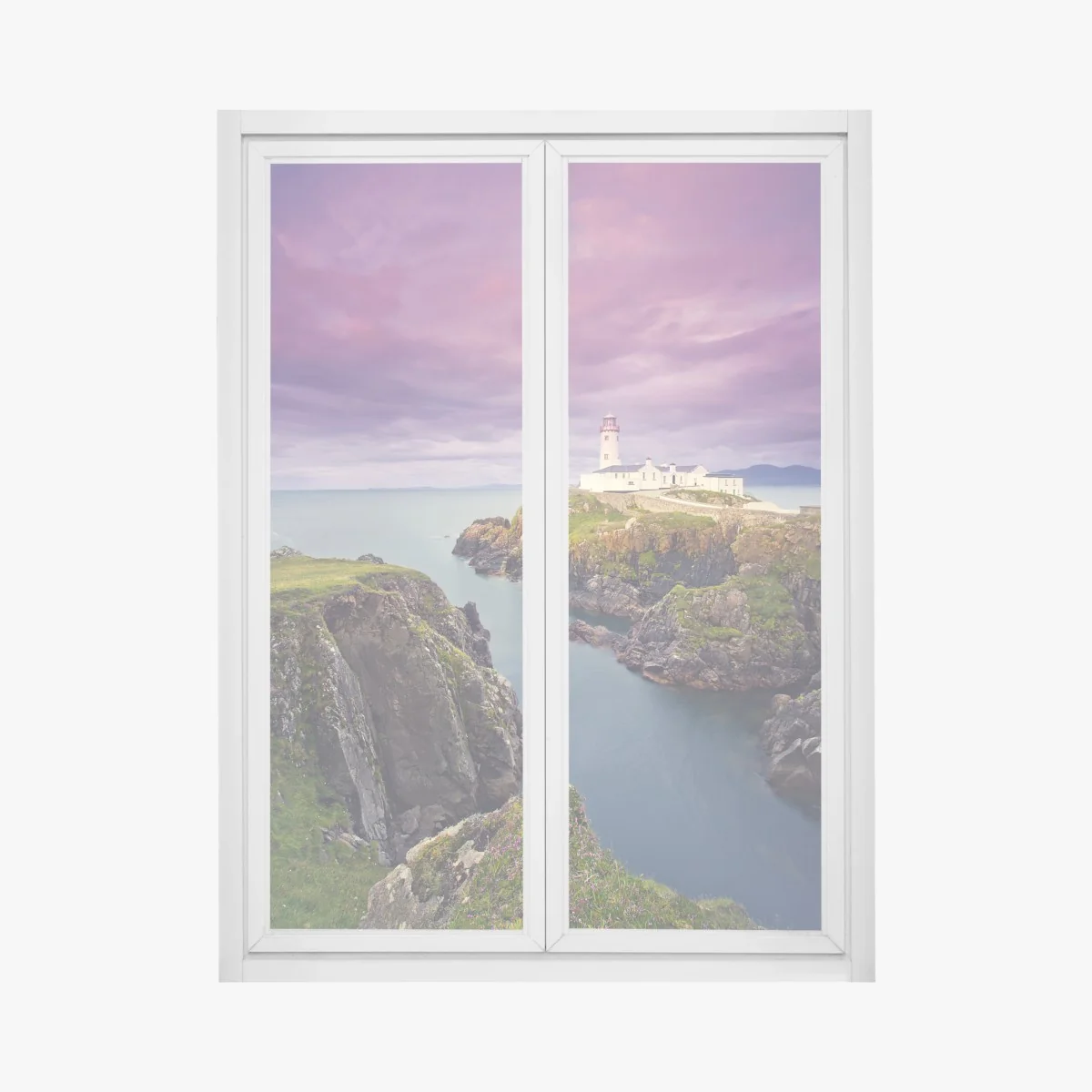 Naklejka na okno fioletowa latarnia nad skalistym wybrzeżem – Wallissimo® Naklejka na okno fioletowa latarnia nad skalistym wybrzeżem – Wallissimo®
