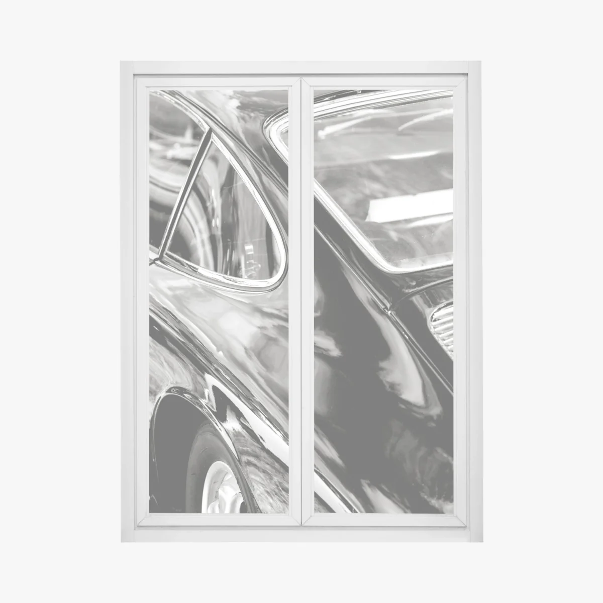 Naklejka na okno zabytkowy tył samochodu w czerni i bieli – Wallissimo® Naklejka na okno zabytkowy tył samochodu w czerni i bieli – Wallissimo®