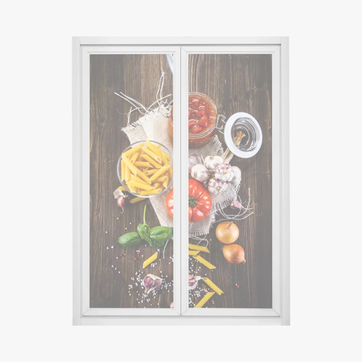 Naklejka na okno rustykalne włoskie składniki do makaronu – Wallissimo® Naklejka na okno rustykalne włoskie składniki do makaronu – Wallissimo®