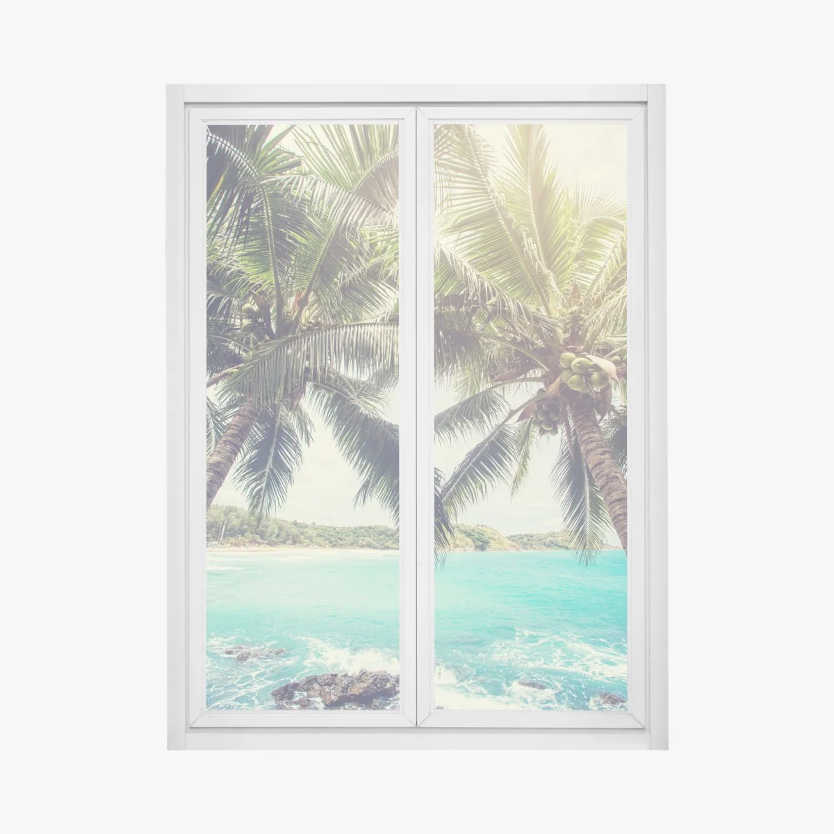 Naklejka na okno tropikalne palmy kokosowe nad turkusowym morzem – Wallissimo® Naklejka na okno tropikalne palmy kokosowe nad turkusowym morzem – Wallissimo®