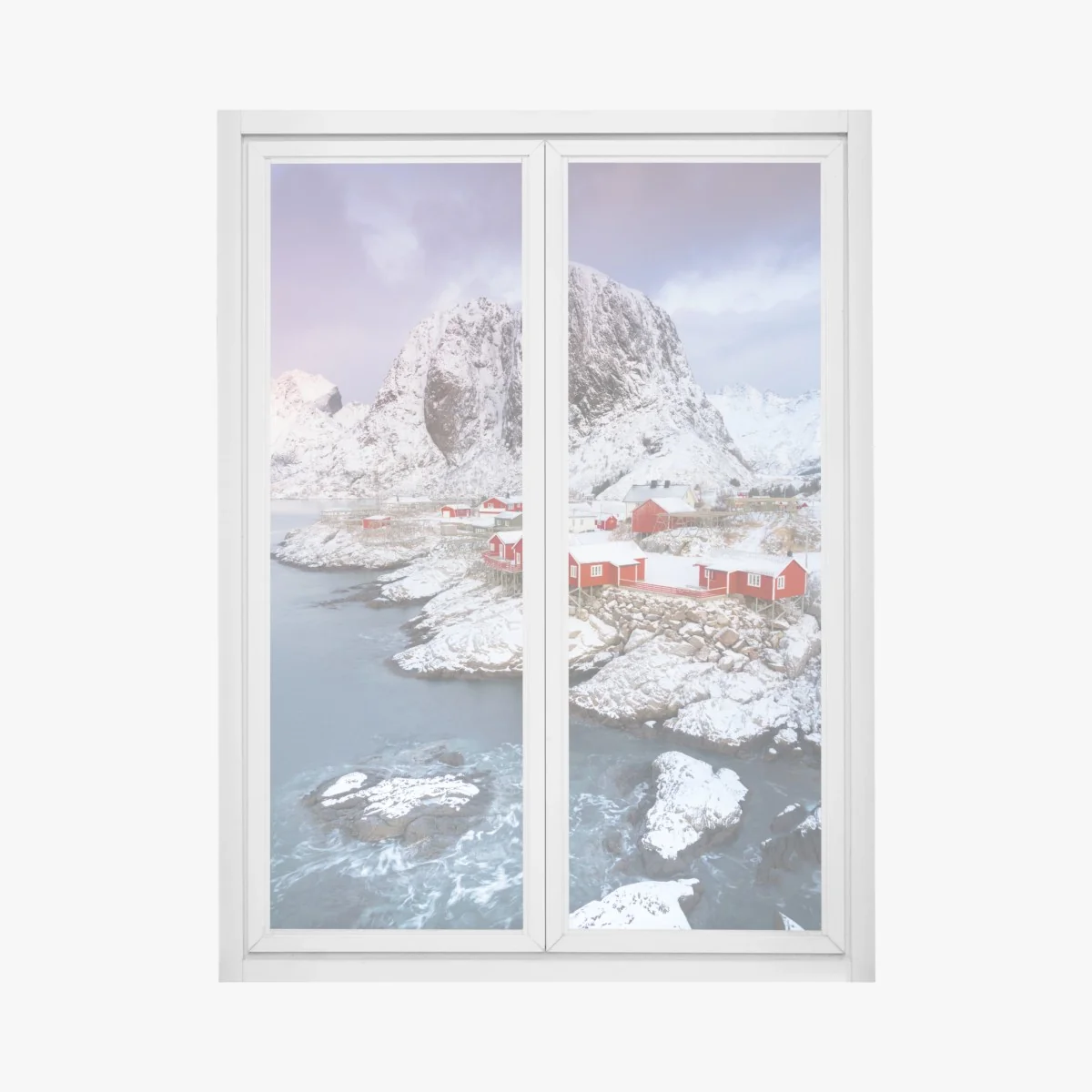 Naklejka na okno czerwone domki nad zaśnieżoną górą – Wallissimo®