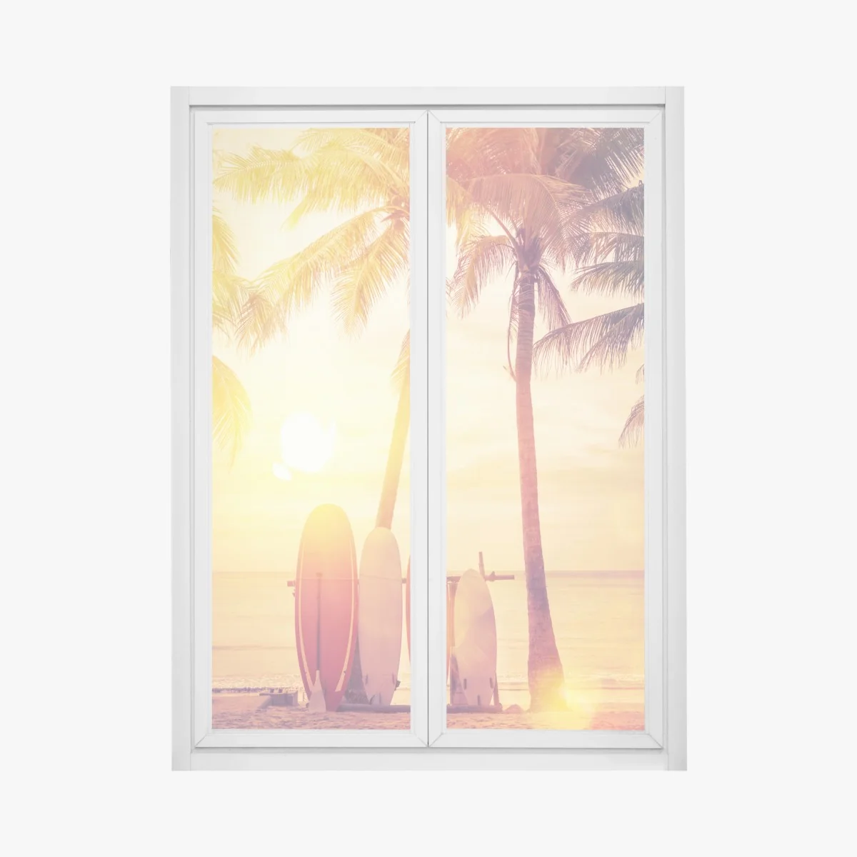 Naklejka na okno tropikalny zachód słońca z deskami surfingowymi – Wallissimo® Naklejka na okno tropikalny zachód słońca z deskami surfingowymi – Wallissimo®