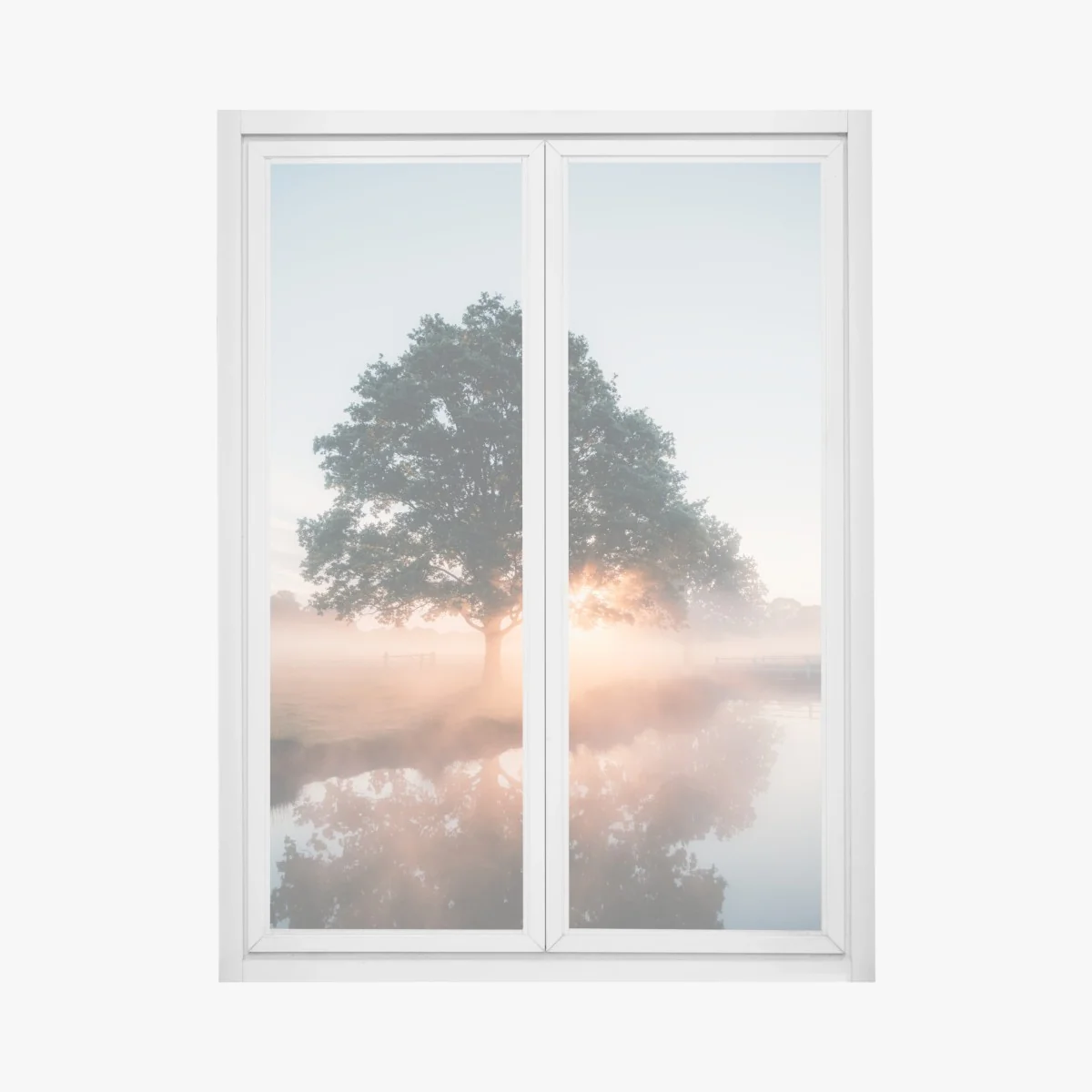 Naklejka na okno mglisty wschód słońca przy dębie – Wallissimo® Naklejka na okno mglisty wschód słońca przy dębie – Wallissimo®