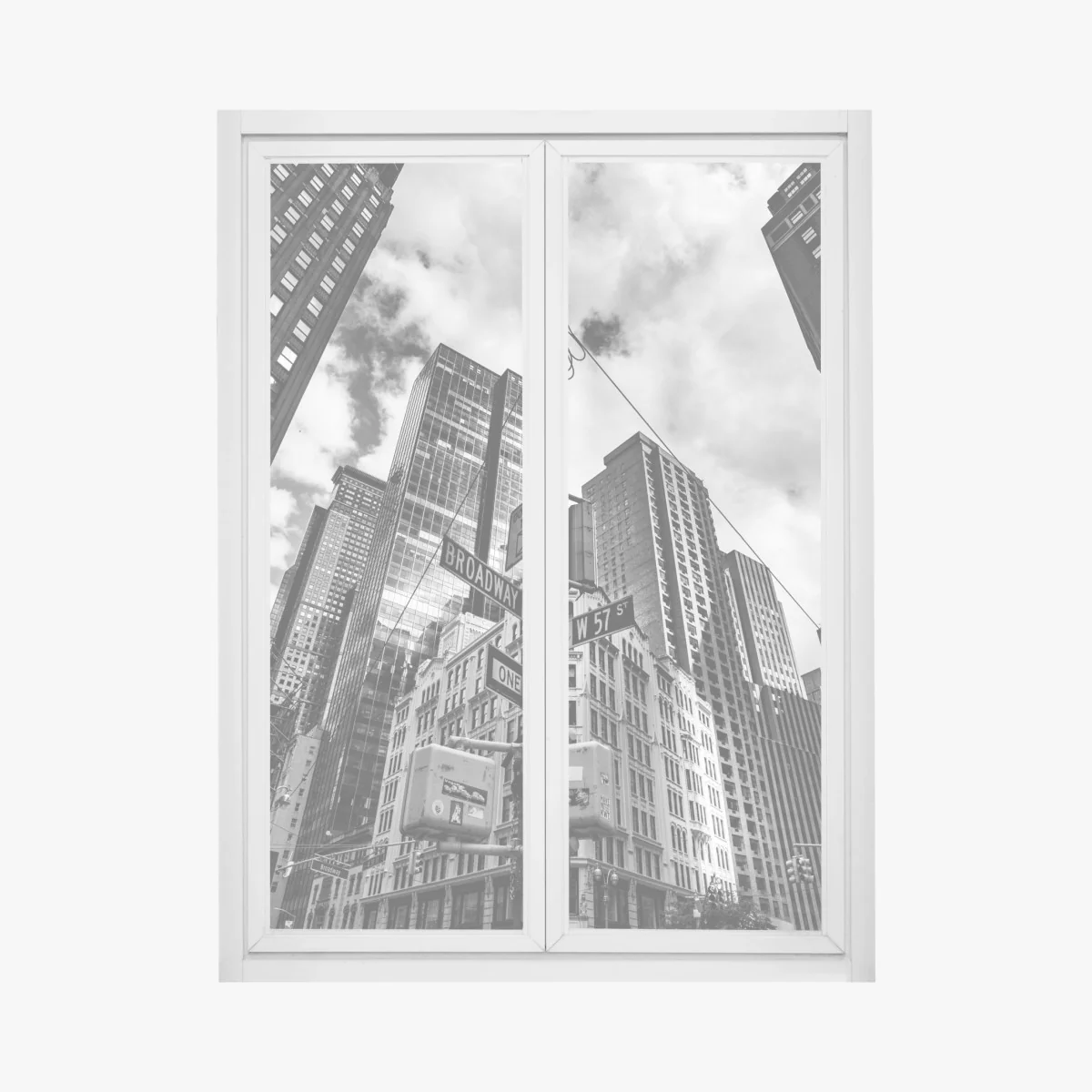 Naklejka na okno Broadway i W 57 St — miejska panorama w czerni i bieli – Wallissimo® Naklejka na okno Broadway i W 57 St — miejska panorama w czerni i bieli – Wallissimo®