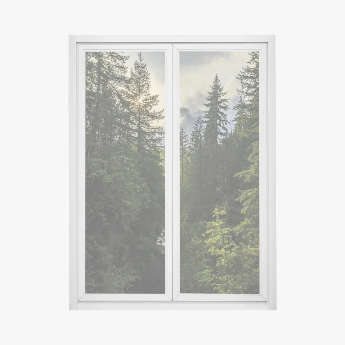 Naklejka na okno mglisty iglasty las z wodospadem – Wallissimo® Naklejka na okno mglisty iglasty las z wodospadem – Wallissimo®