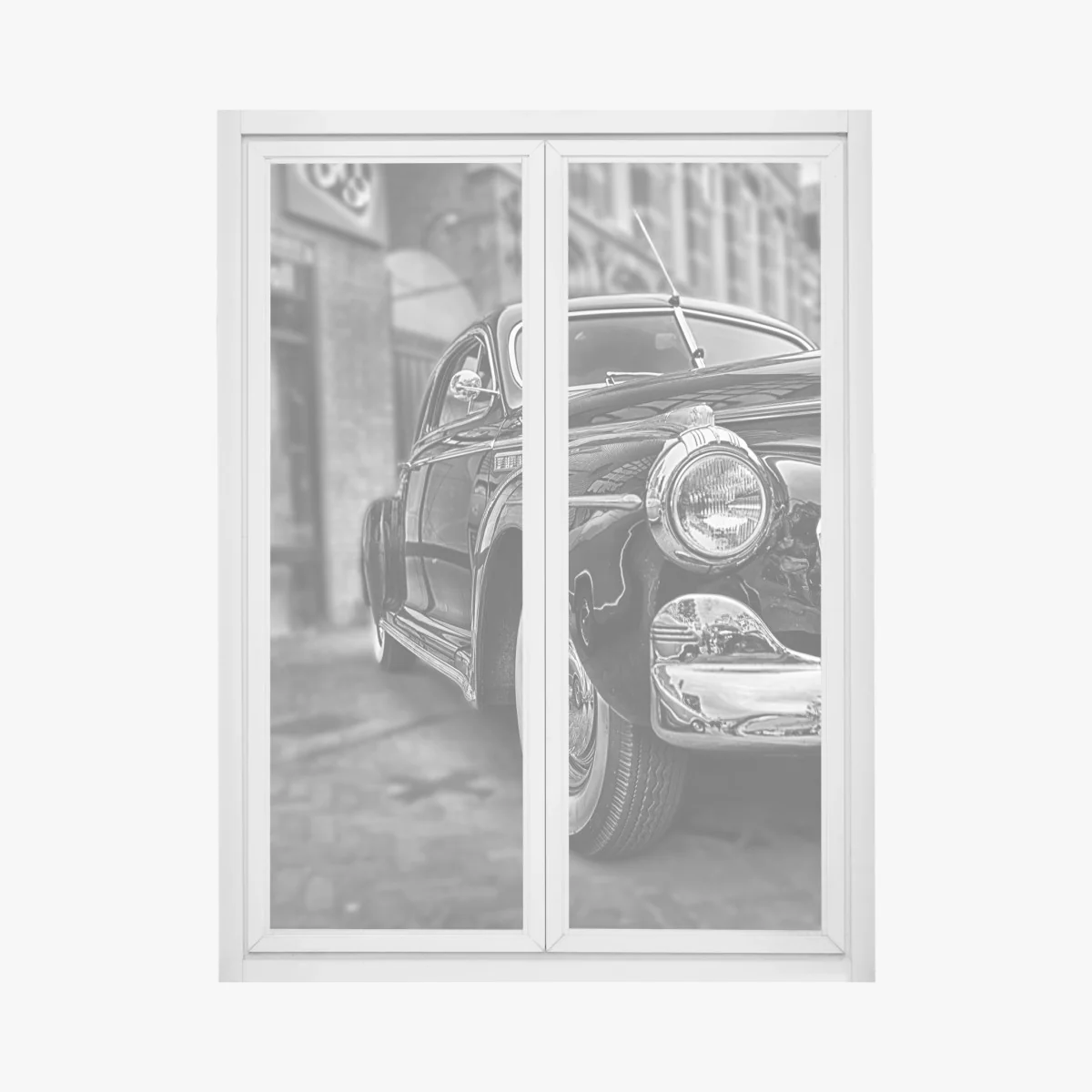 Naklejka na okno zabytkowy klasyczny samochód na brukowanej ulicy – Wallissimo®