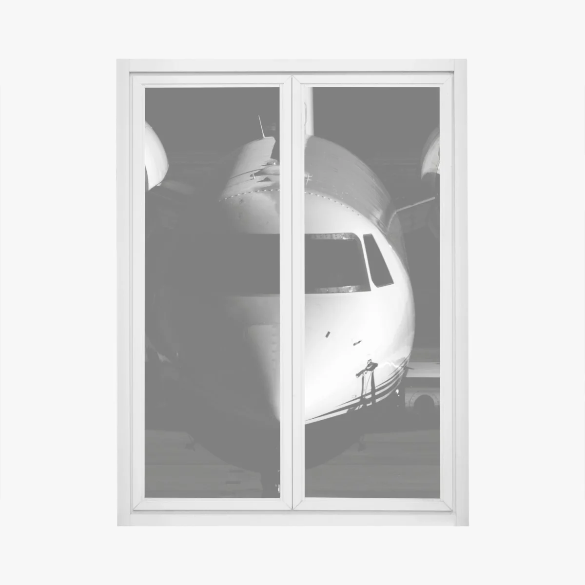 Naklejka na okno monochromatyczny przód prywatnego odrzutowca – Wallissimo® Naklejka na okno monochromatyczny przód prywatnego odrzutowca – Wallissimo®