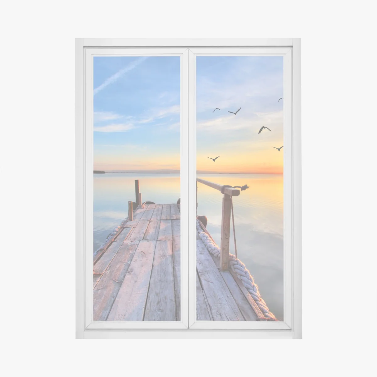 Naklejka na okno zachód słońca przy drewnianym pomoście – Wallissimo® Naklejka na okno zachód słońca przy drewnianym pomoście – Wallissimo®