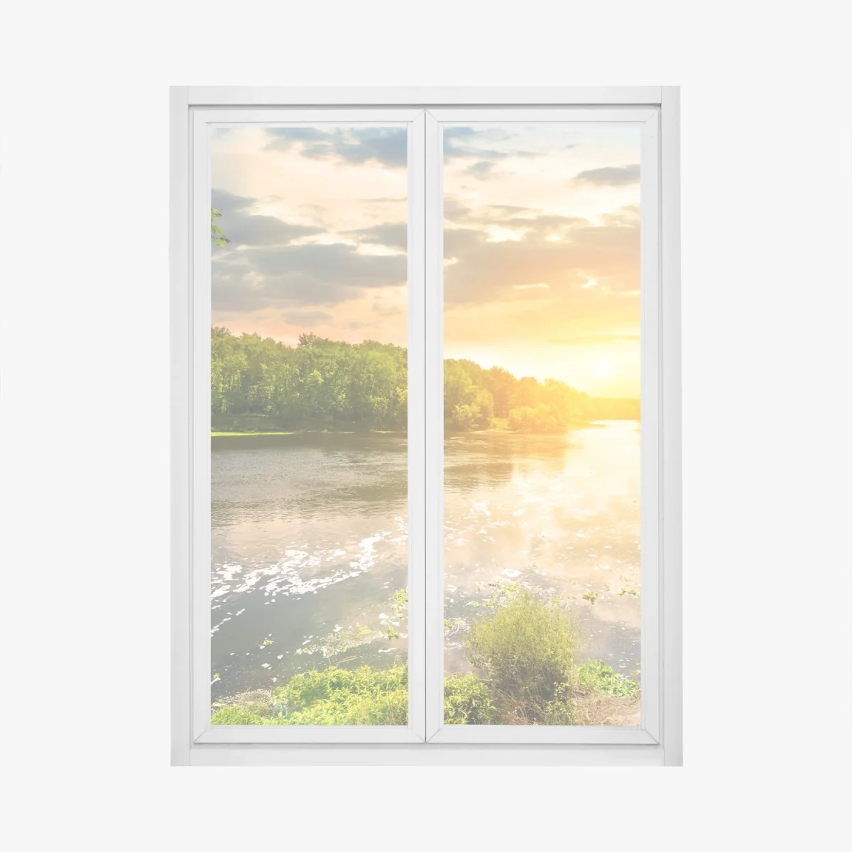 Naklejka na okno spokojny zachód słońca nad rzeką i zielonym lasem – Wallissimo® Naklejka na okno spokojny zachód słońca nad rzeką i zielonym lasem – Wallissimo®